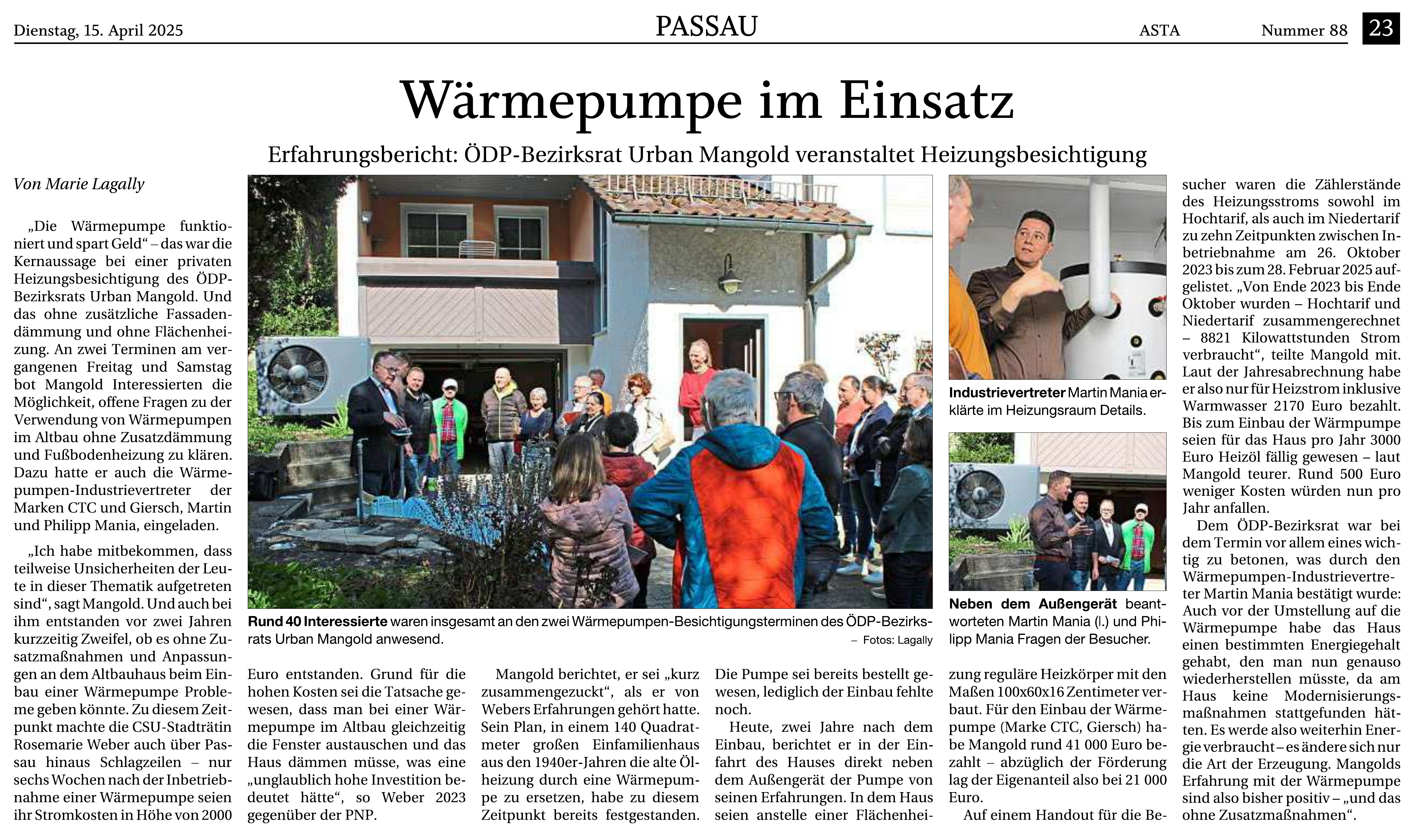 Zeitungsartikel der Passauer Neuen Presse: Wärmepumpe im Einsatz